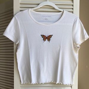 American Eagle Outfitters cream crop top with Butterfly Embroidery
